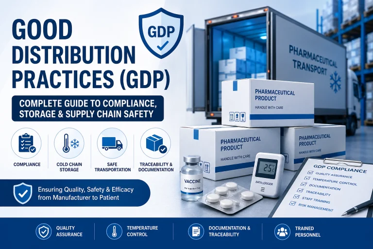 GDP pharmaceutical compliance and cold chain distribution infographic