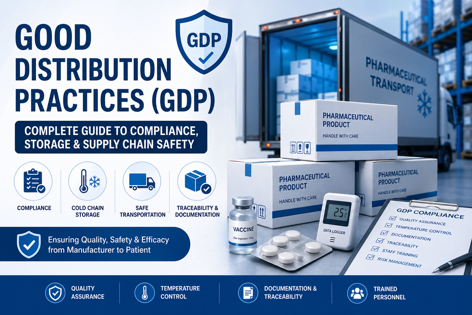 GDP pharmaceutical compliance and cold chain distribution infographic