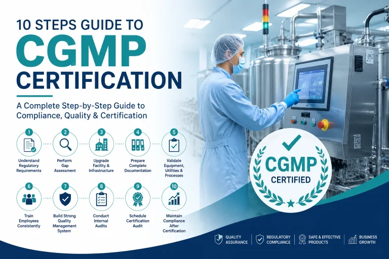 10-step CGMP certification guide showing pharmaceutical manufacturing, compliance, validation, audits, and quality management