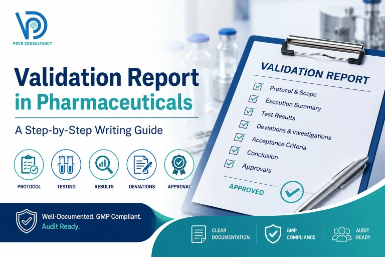 Validation report in pharmaceuticals step-by-step writing guide covering protocol, testing, results, deviations, and approval